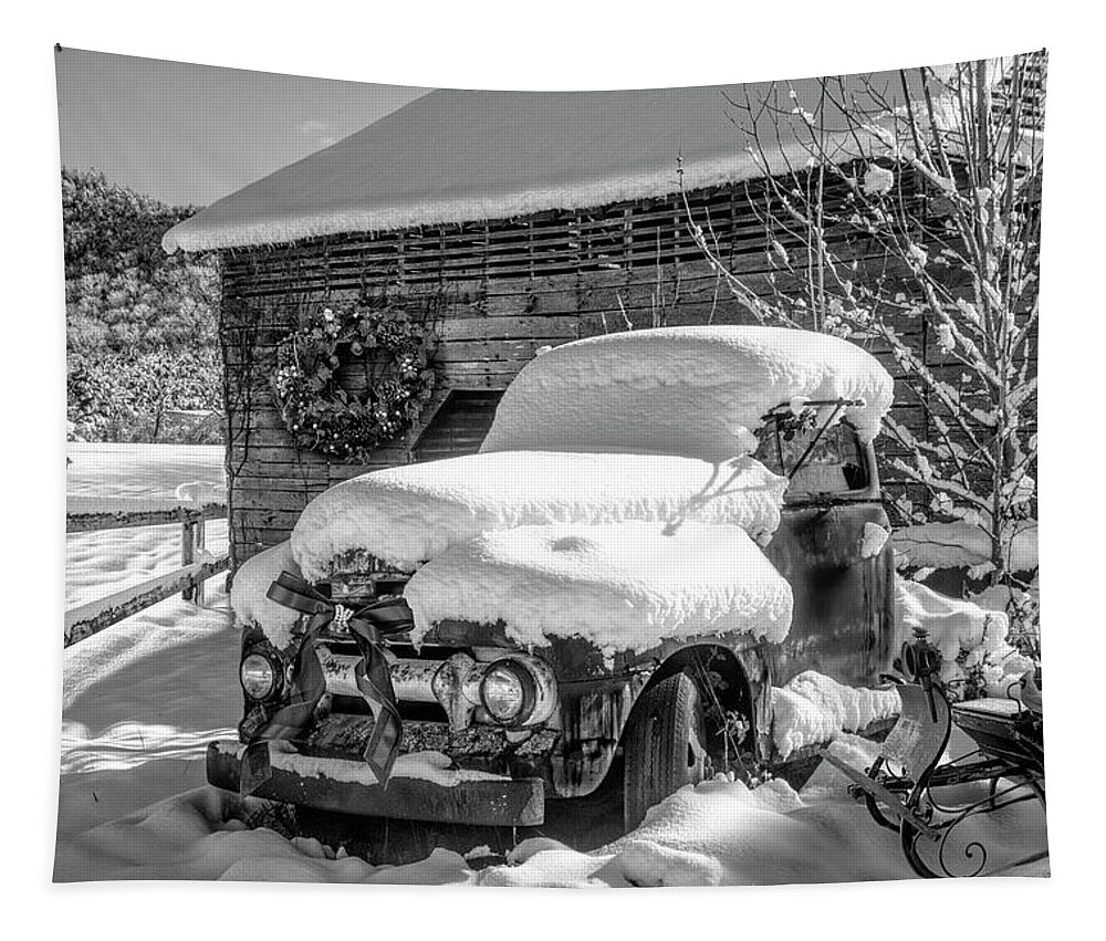 Barns Tapestry featuring the photograph Christmas Cardinals Black and White by Debra and Dave Vanderlaan