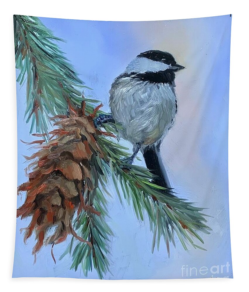 Nature Tapestry featuring the painting Christmas Chickadee by Lori Ippolito
