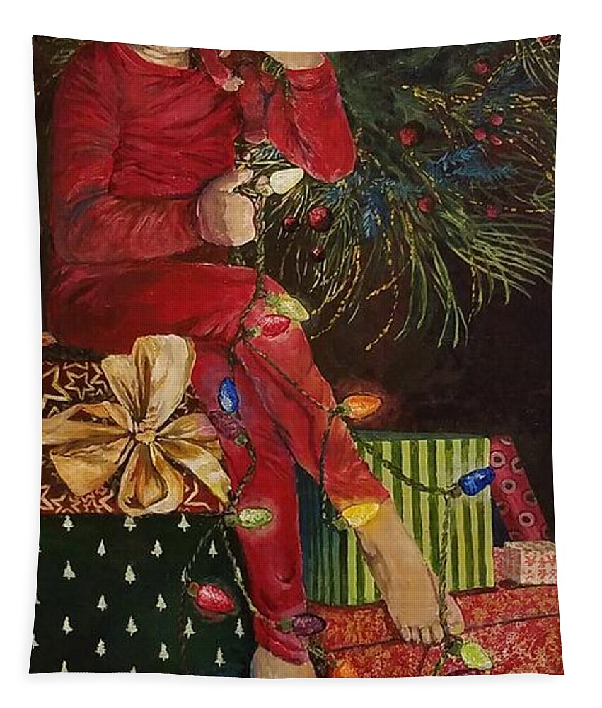 Christmas Tapestry featuring the painting Christmas elves by Merana Cadorette
