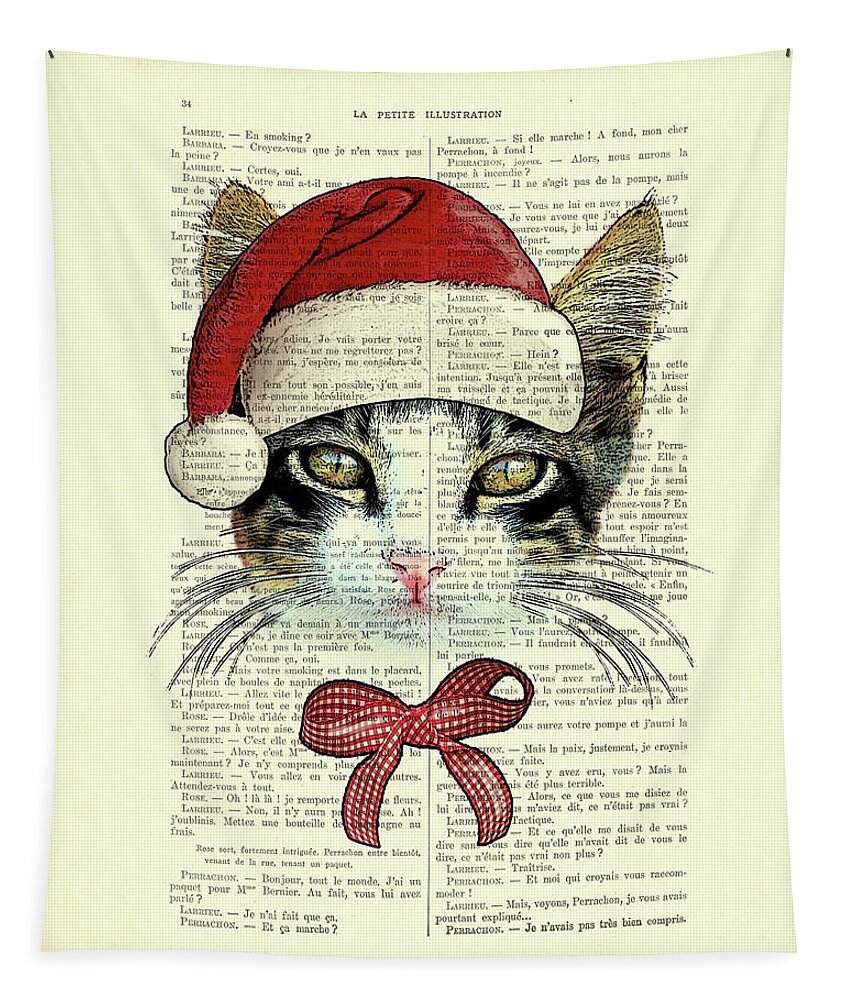 Cat Tapestry featuring the mixed media Christmas kitty, cute xmas cat by Madame Memento