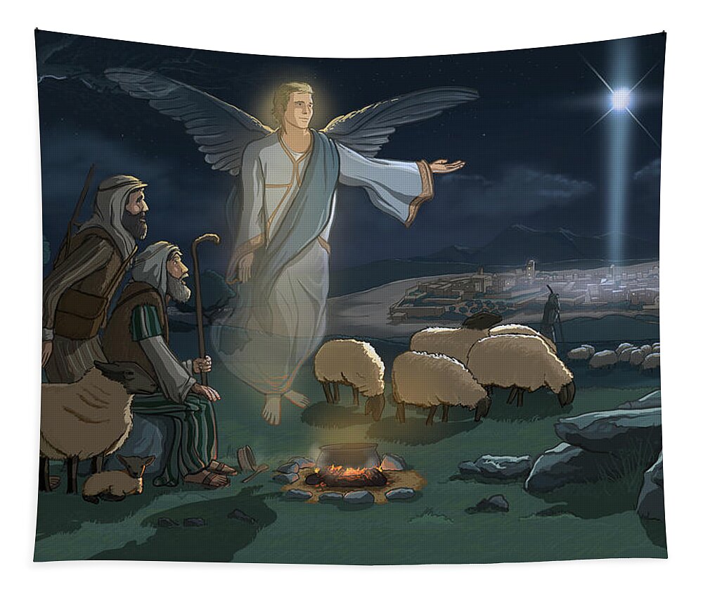 Christmas Tapestry featuring the digital art Christmas Shepherds and Angel by Emerson Design