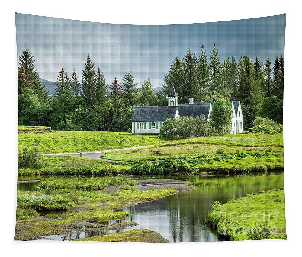 Iceland Tapestry featuring the photograph Church at Thingvellir, Iceland by Delphimages Photo Creations