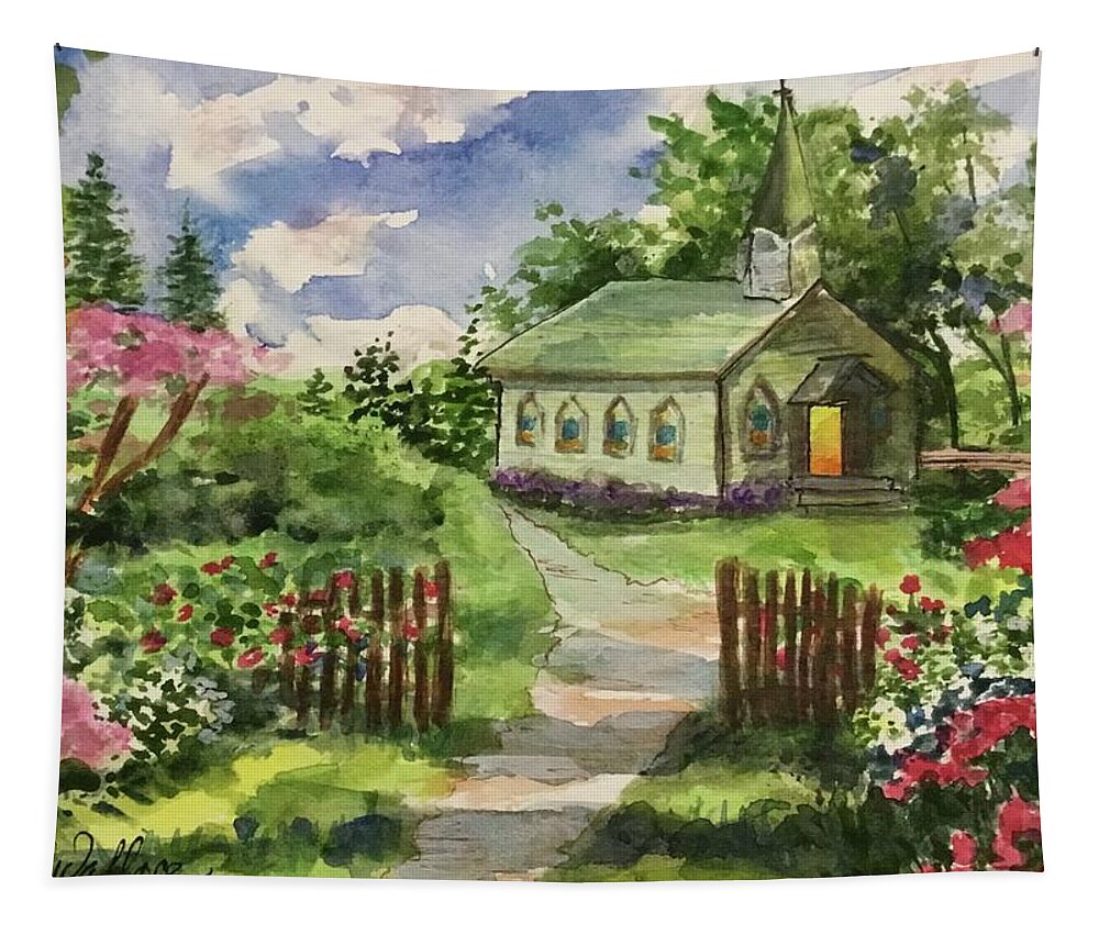 Kirk Tapestry featuring the painting Church by the Wildwood by Cheryl Wallace