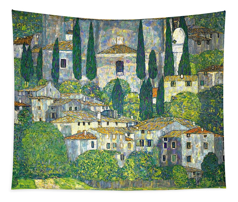 Church In Cassone Tapestry featuring the painting Church in Cassone. Landscape with Cypress by Gustav Klimt