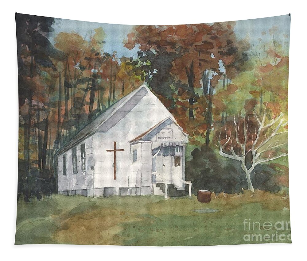 Church Tapestry featuring the painting Church in Woods by Vicki B Littell