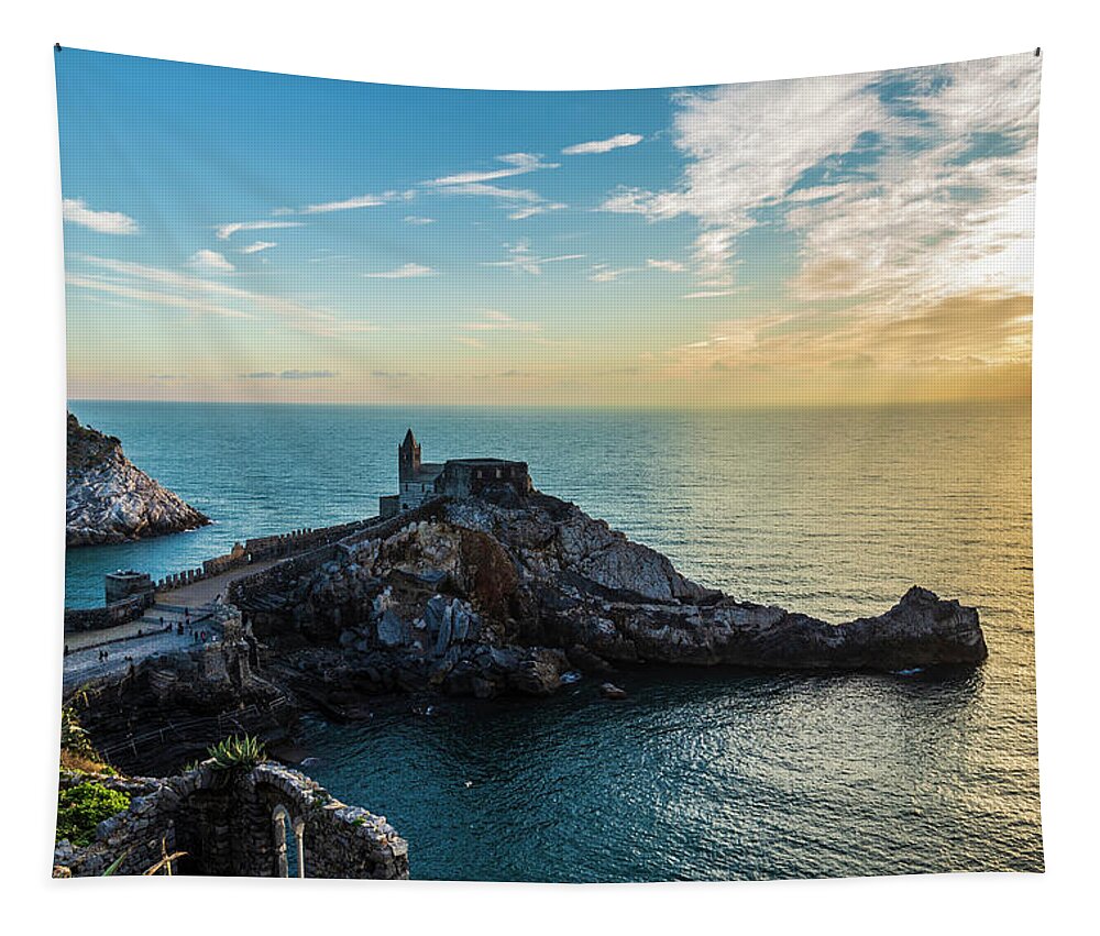 Cinque Terre Tapestry featuring the photograph Church of St. Peter at sunset in Porto Venere by Fabiano Di Paolo