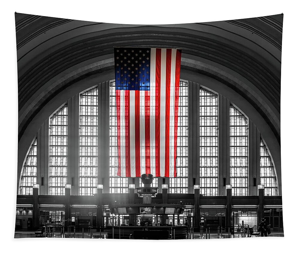 Interior Union Terminal Station Cincinnati Tapestry featuring the photograph Cincinnati Union Terminal Interior American Flag by Sharon Popek