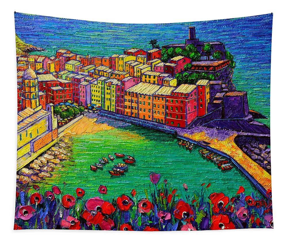 Cinque Tapestry featuring the painting Cinque Terre Vernazza Poppies by Ana Maria Edulescu