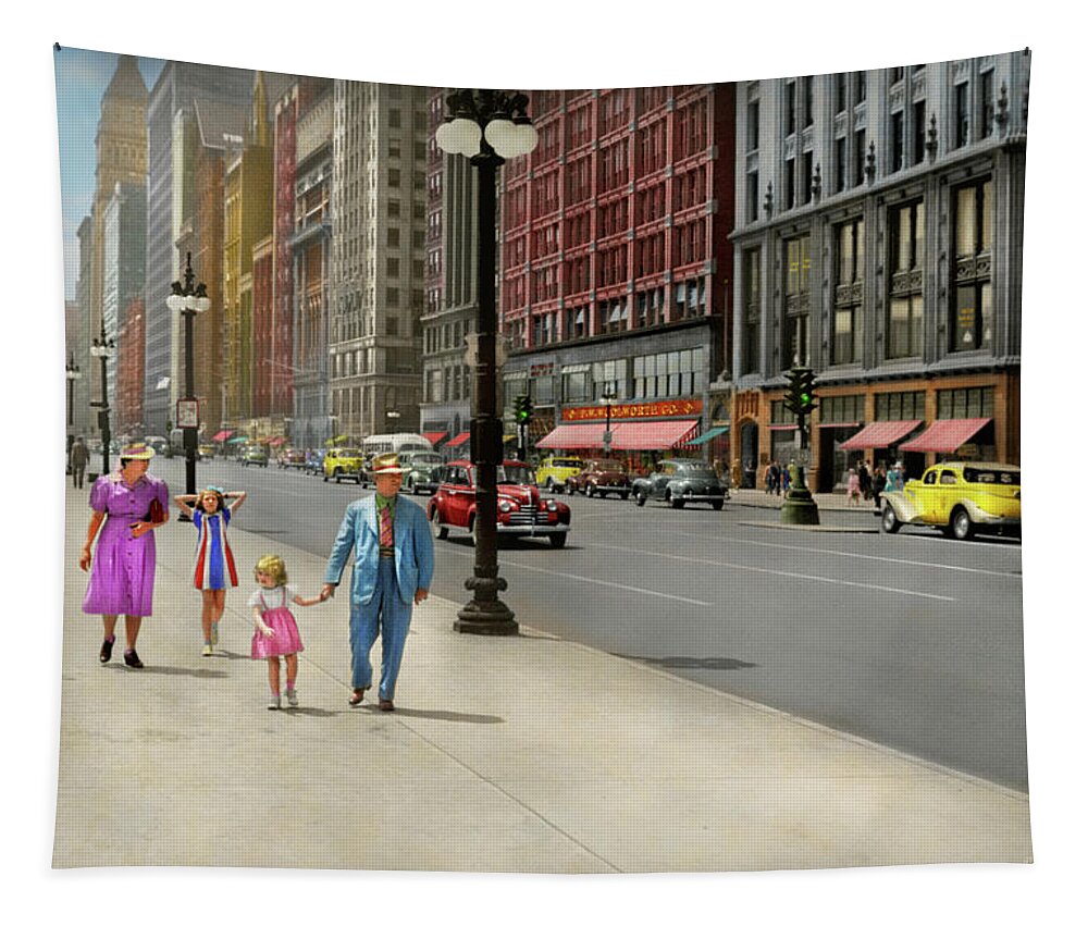 Chicago Tapestry featuring the photograph City - Chicago, IL - Family day out 1941 by Mike Savad