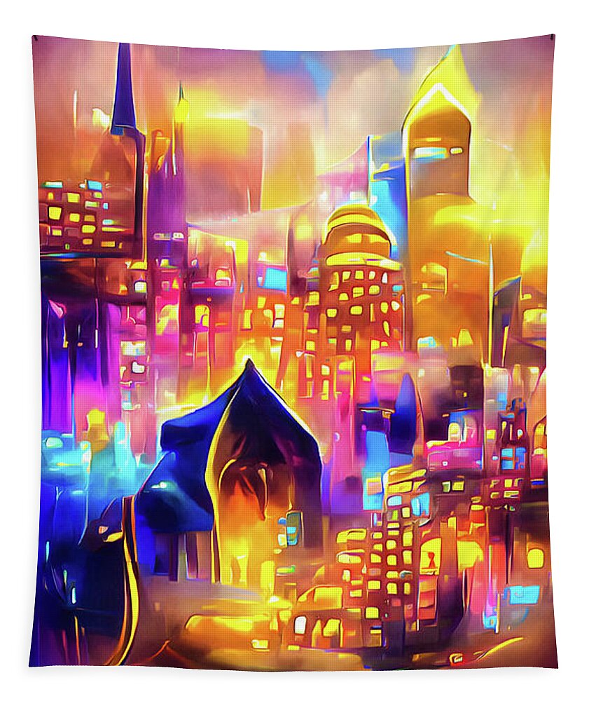 City Tapestry featuring the digital art City Lights 01 Magical Golden Glow by Matthias Hauser