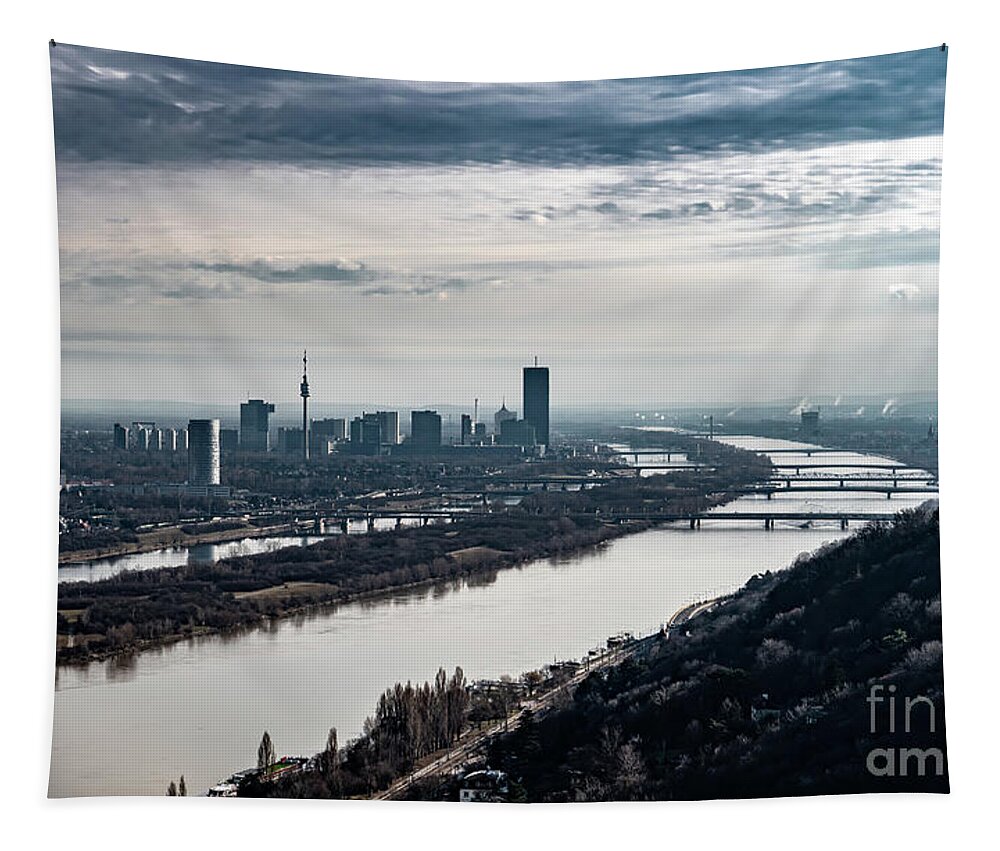 Aerial Tapestry featuring the photograph City Of Vienna With Suburbs And River Danube In Austria by Andreas Berthold