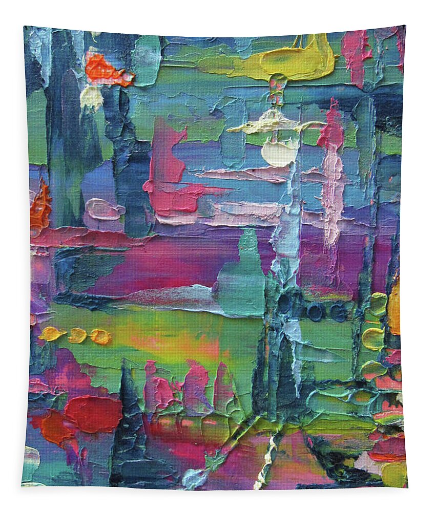 Bright Colors Tapestry featuring the painting City Tracks by Jean Batzell Fitzgerald