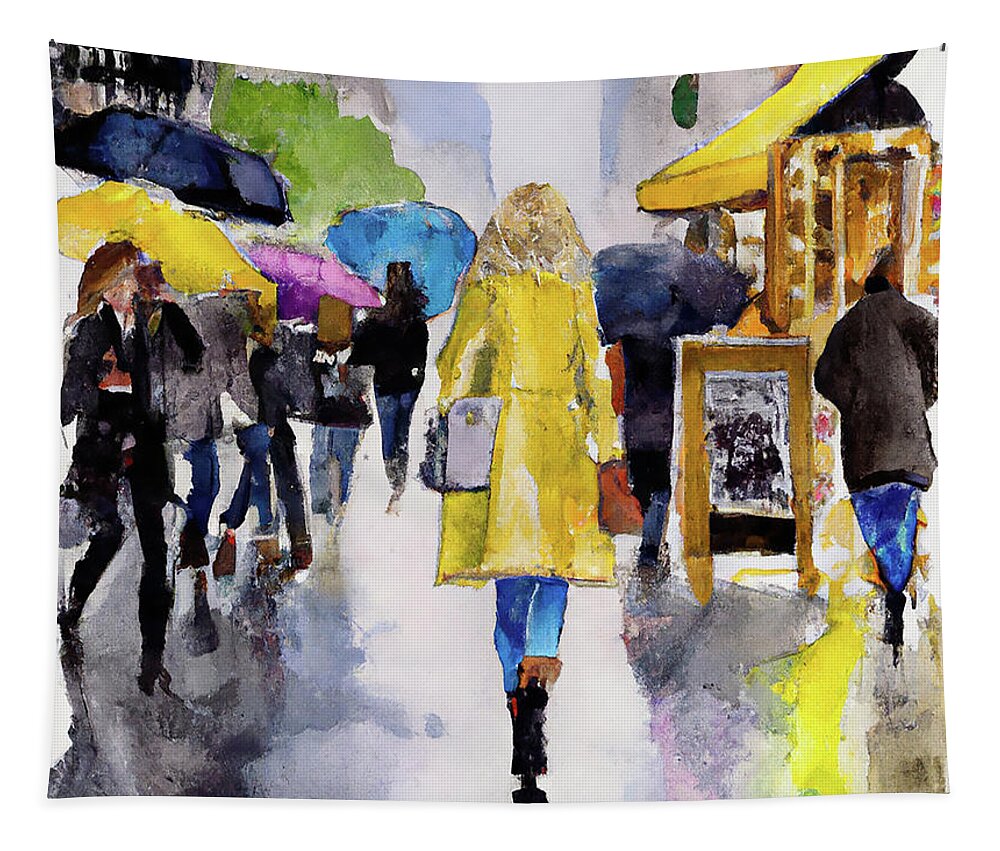 City Tapestry featuring the digital art City Woman with Yellow Raincoat by Alison Frank