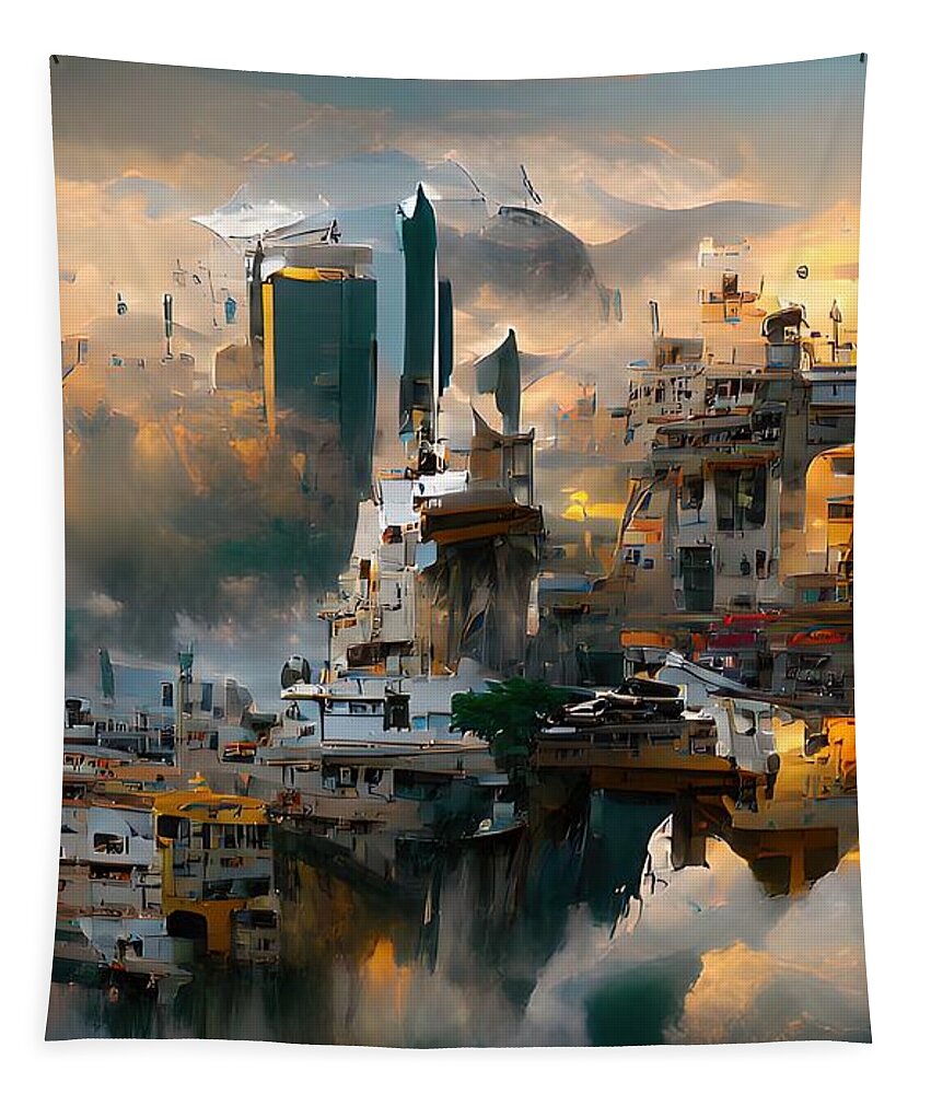 City Tapestry featuring the digital art Cityscape by Alexander Fedin