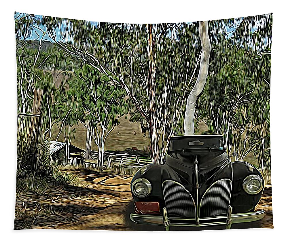Classic Cars Tapestry featuring the mixed media Classic Lincoln Zephyr Convertible Coupe 1940s Homestead Entry by Joan Stratton