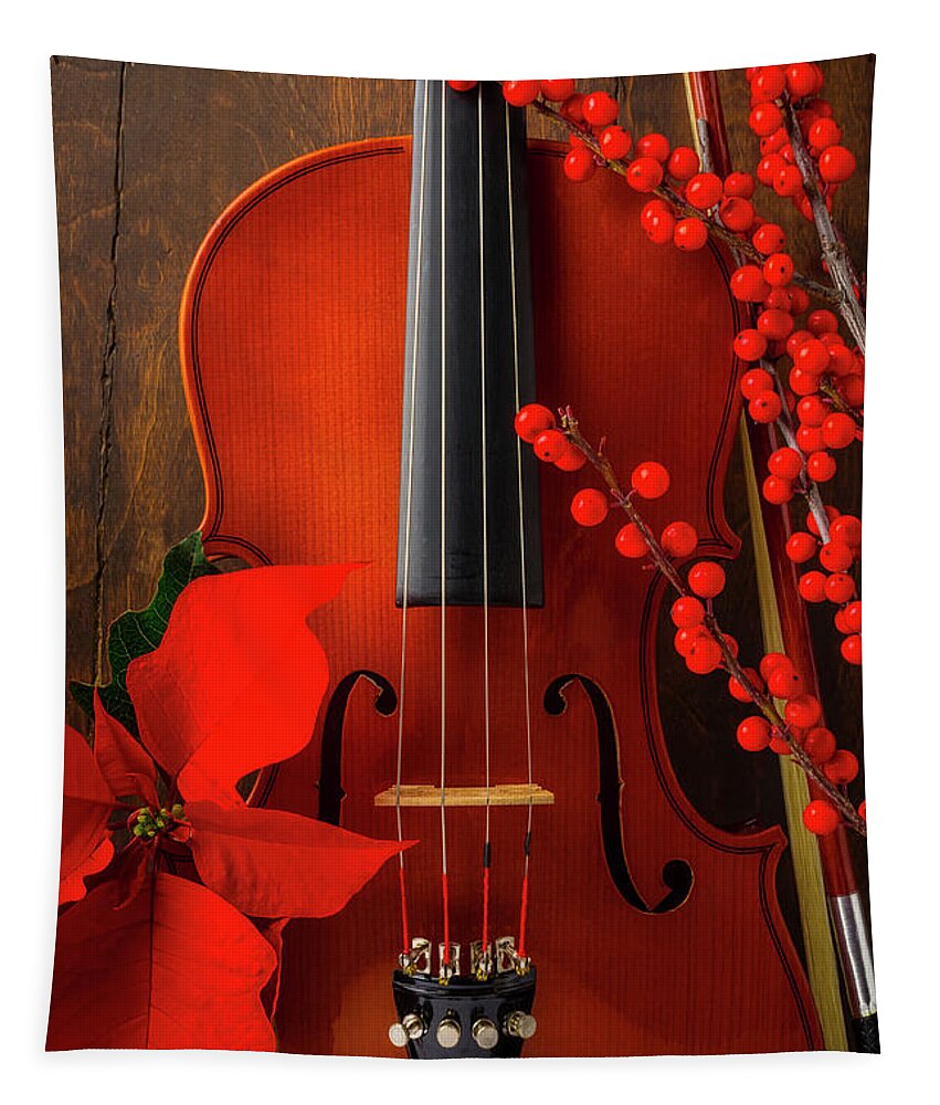Violin Tapestry featuring the photograph Classic Violin And Pointsettia by Garry Gay