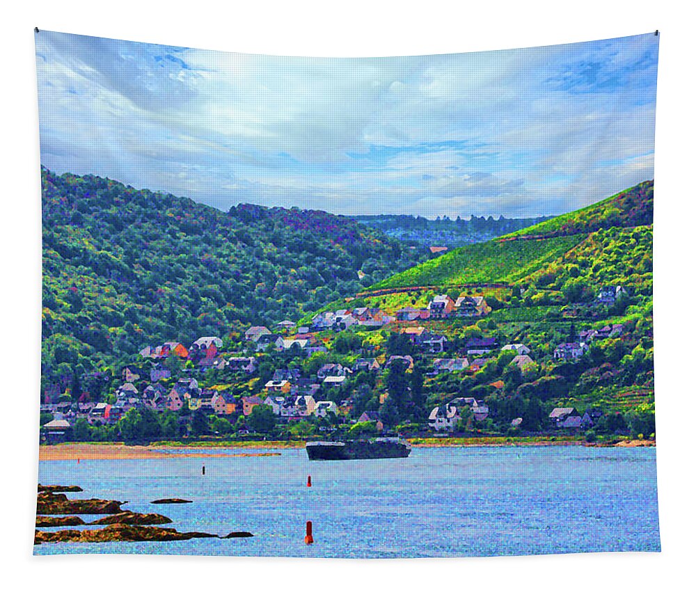 Rhine River Gorge Tapestry featuring the digital art Clearing the Shoals, Dry Brush on Sandstone by Ron Long Ltd Photography