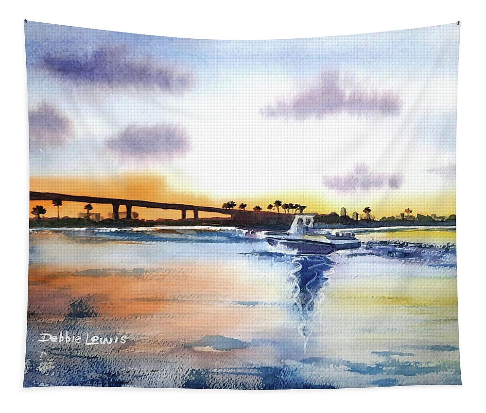 Clearwater Tapestry featuring the painting Clearwater Memorial Causeway at Sunset by Debbie Lewis