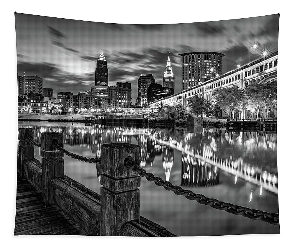 America Tapestry featuring the photograph Cleveland Skyline From The Riverfront - Black and White Edition by Gregory Ballos
