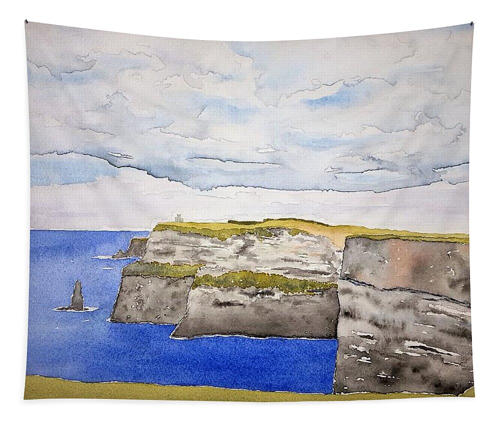 Watercolor Tapestry featuring the painting Cliffs of Moher by John Klobucher