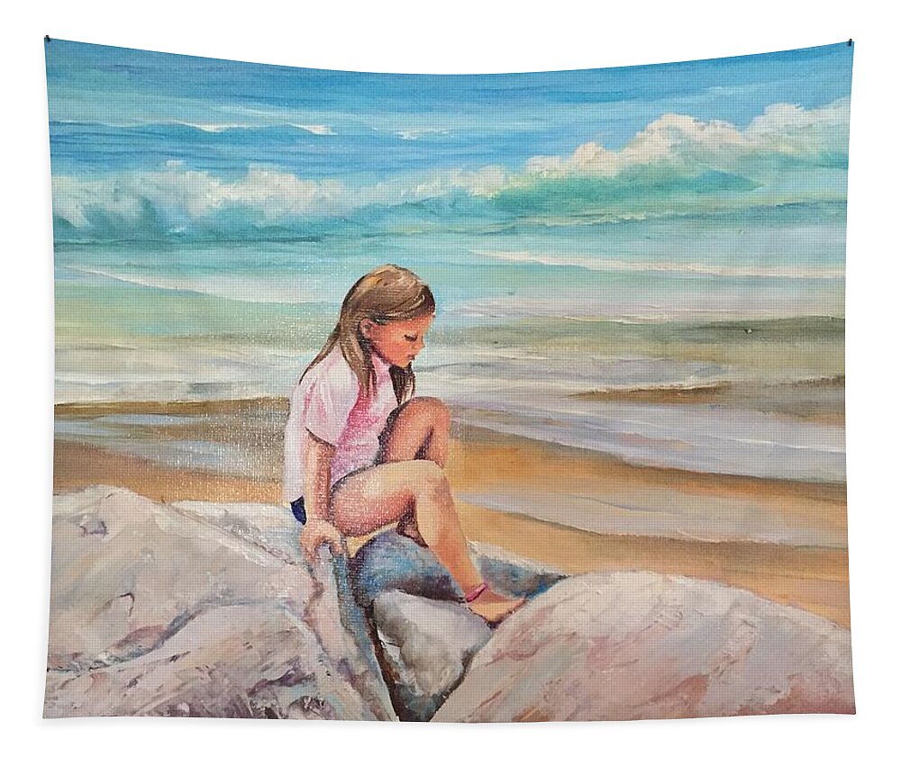 Beach Tapestry featuring the painting Climbing on the Rocks by Judy Rixom