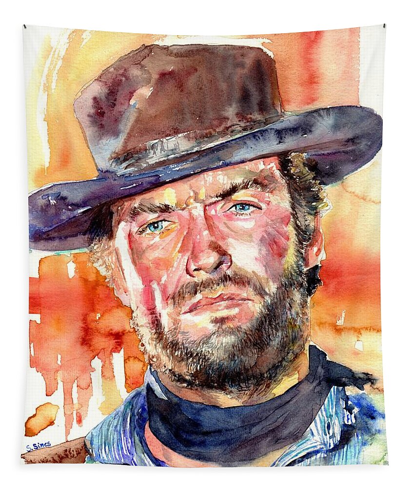 Clint Tapestry featuring the painting Clint Eastwood Watercolor by Suzann Sines