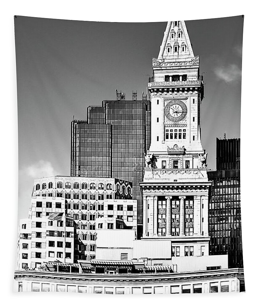 Boston Custom House Tower Tapestry featuring the photograph Custom House Clock Tower - Boston Black and White by Mark Tisdale