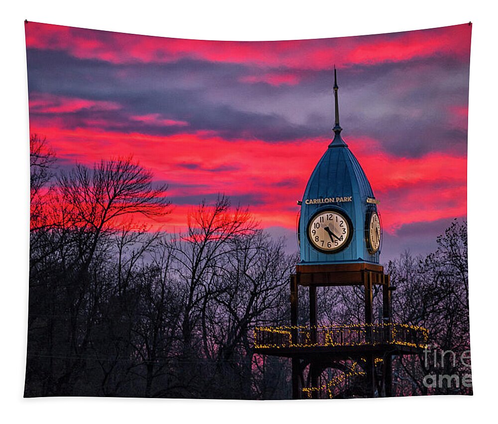 Dayton Tapestry featuring the photograph Clock Tower Sunset Dayton Ohio by Teresa Jack