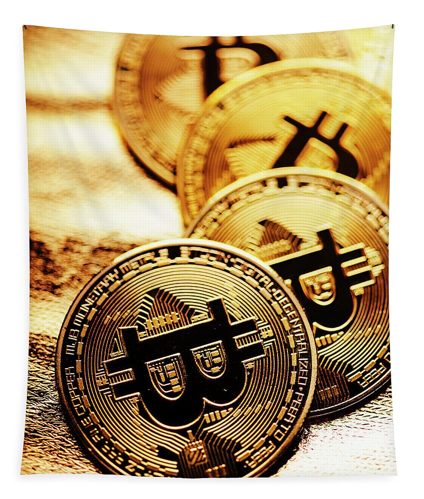 Bitcoin Tapestry featuring the photograph Closeup of golden bitcoin over gold background by Jelena Jovanovic