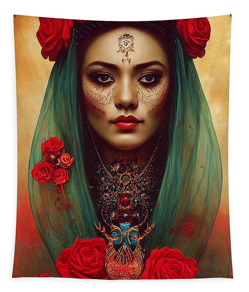 Beautiful Tapestry featuring the painting Closeup Portrait Of Beautiful Mexican Queen Of Th 4fe6ce64 5481 4142 Ae54 E451d4f6a147 by MotionAge Designs