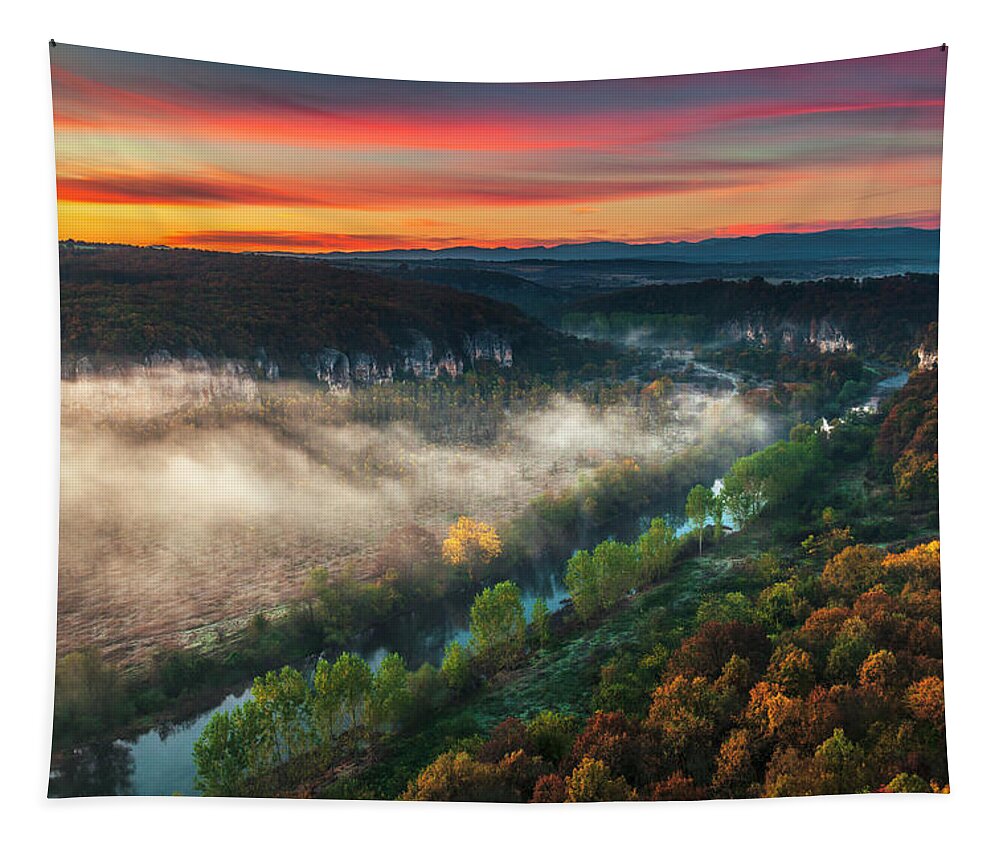 Aglen Village Tapestry featuring the photograph Clouds Above the River by Evgeni Dinev