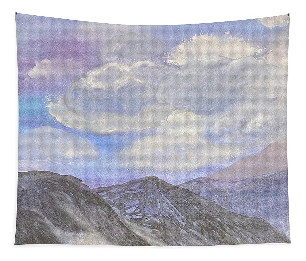 Clouds Tapestry featuring the mixed media Clouds and Mountains by Lisa Neuman