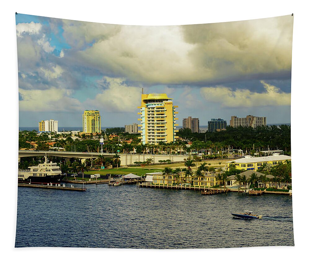 Sun; Color; Clouds; Water; Boats; Buildings; Bridge Skies; Landscape Tapestry featuring the photograph Clouds Over Fort Lauderdale, Florida by AE Jones
