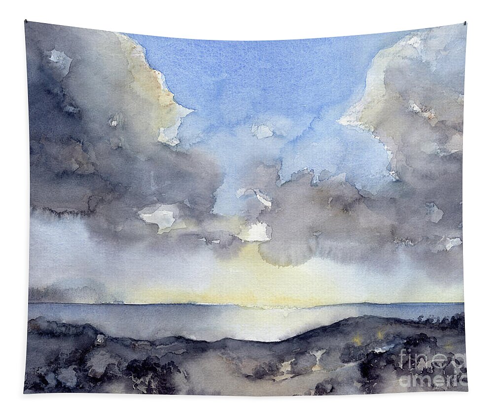 Watercolor Tapestry featuring the painting Clouds over the sea by Adriana Mueller