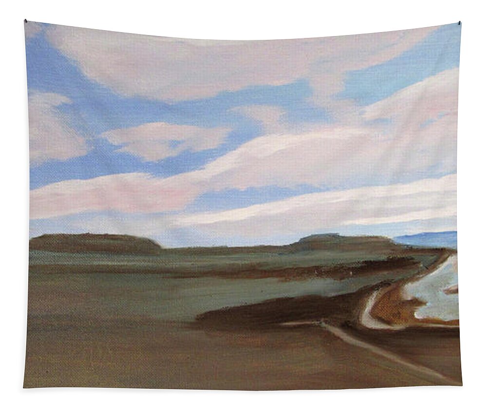 Utah Tapestry featuring the painting Cloudy Day on Antelope Island by Linda Feinberg