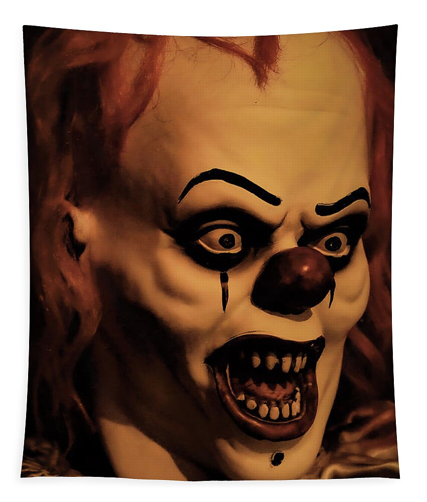 Clown Face Scary Close Red Teeth Halloween Tapestry featuring the photograph Clown by John Linnemeyer