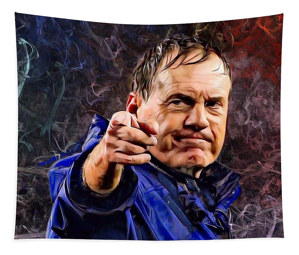 American Football Tapestry featuring the digital art Coach Bill Stephen Belichick Portrait by Scott Wallace Digital Designs