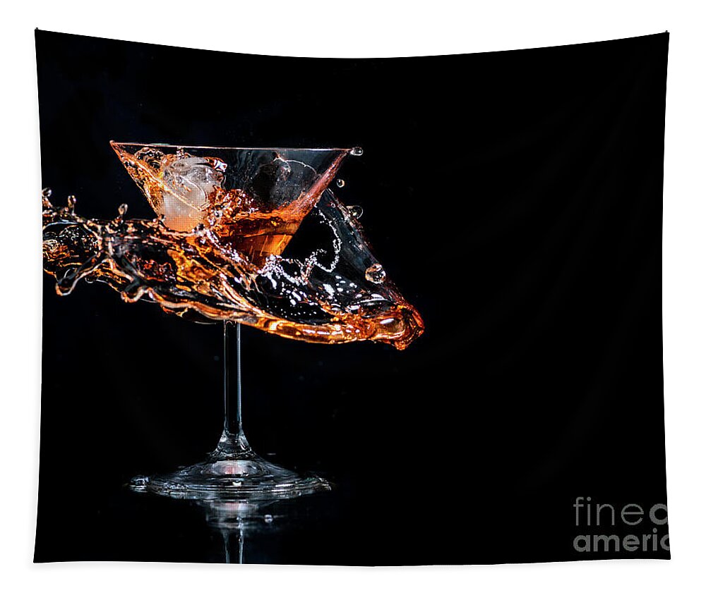Cocktail Tapestry featuring the photograph Cocktail splash in martini glass over black background with copy by Jelena Jovanovic