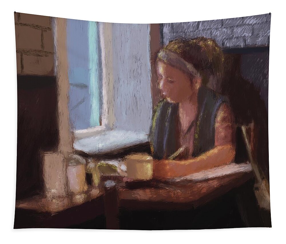 Coffeehouse Tapestry featuring the painting Grading Papers by Larry Whitler