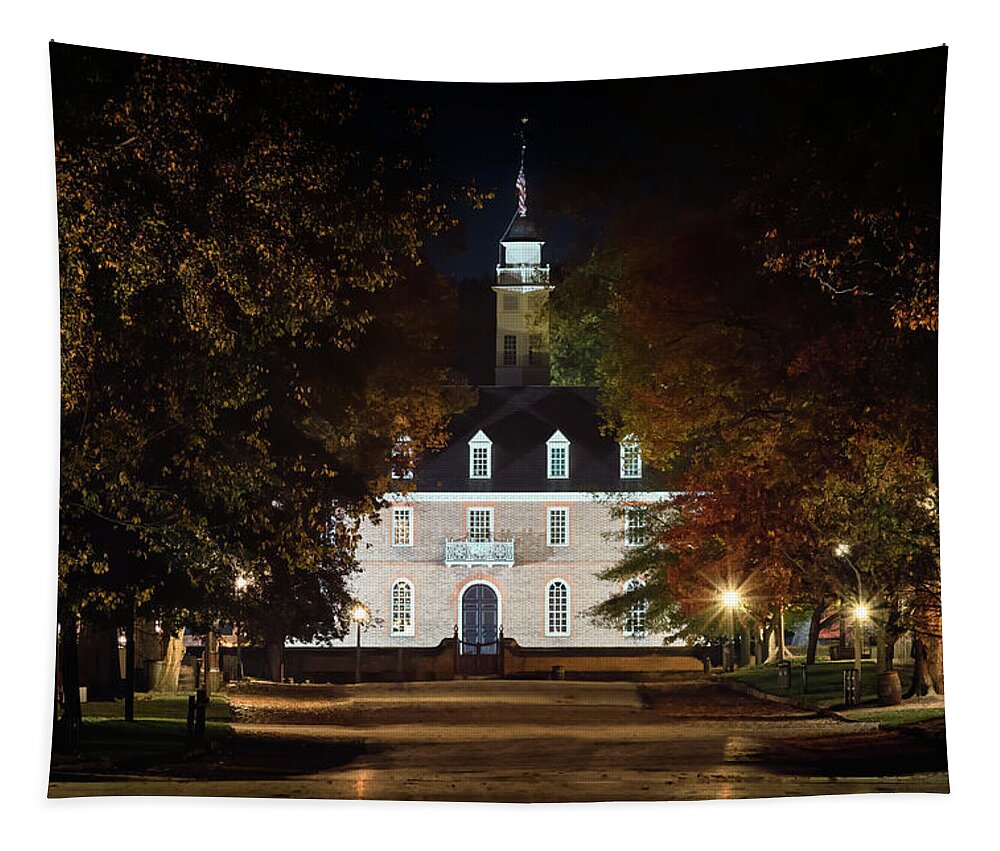 Colonial Williamsburg Tapestry featuring the photograph Colonial Williamsburg Capitol at Night by Susan Rissi Tregoning