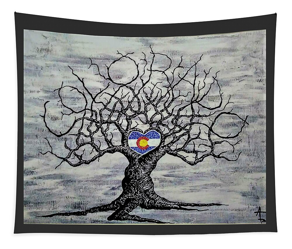 Colorado Tapestry featuring the drawing Colorado b/w with Flag by Aaron Bombalicki