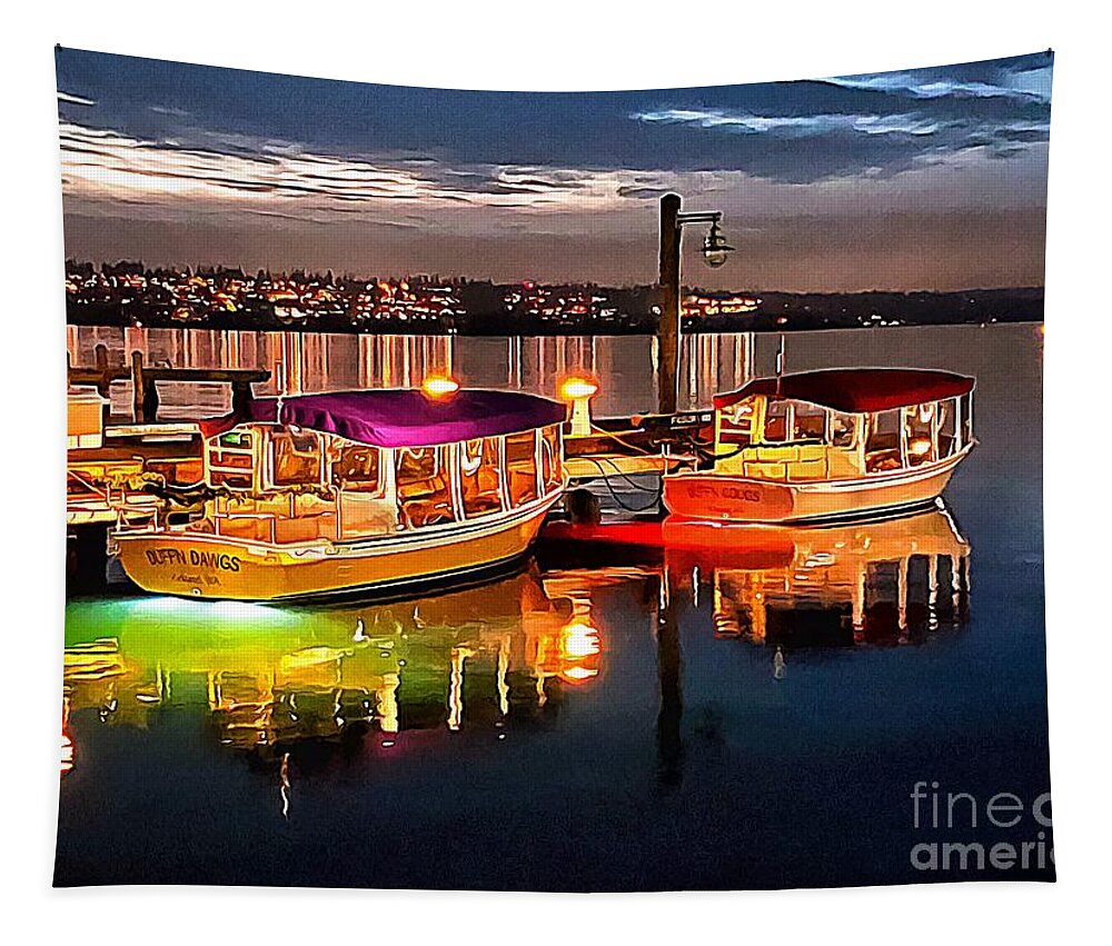 Boats Tapestry featuring the photograph Colorful Boats and Lights in Kirkland by Sea Change Vibes