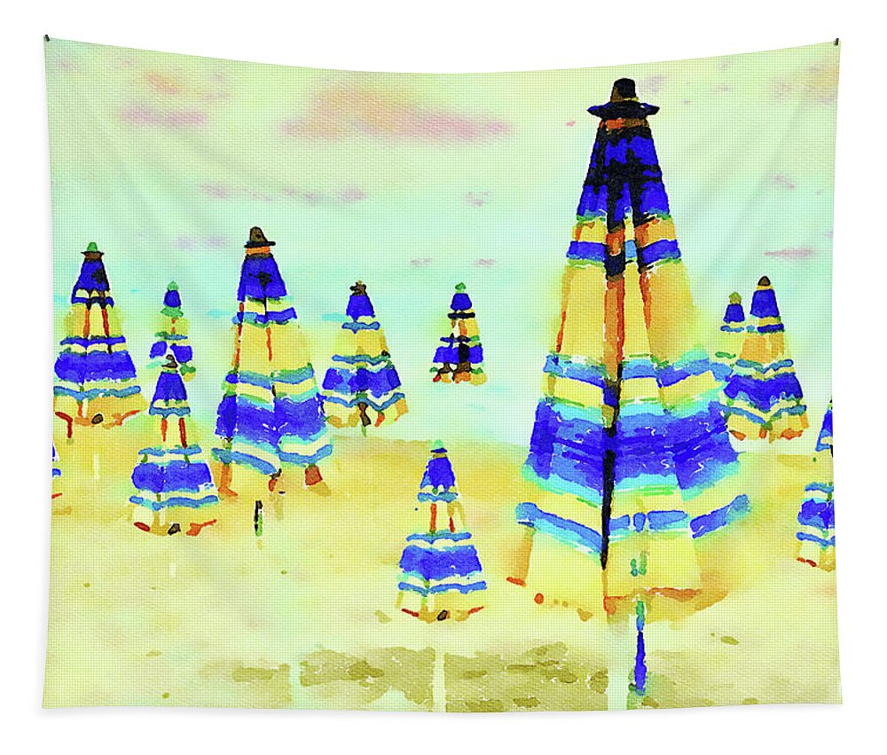 Colorful Tapestry featuring the mixed media Colorful Beach Umbrellas Watercolor Painting by Shelli Fitzpatrick