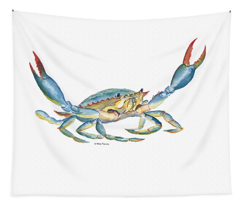 Colorful Blue Crab Tapestry featuring the painting Colorful Blue Crab by Melly Terpening