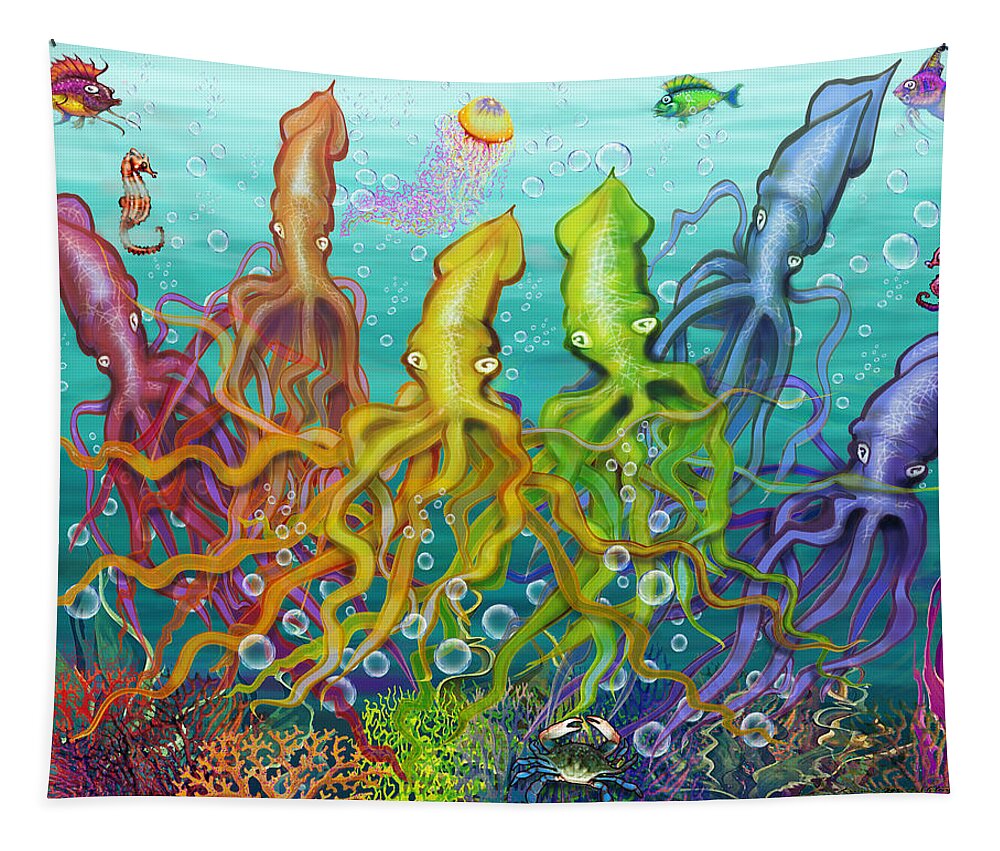 Squid Tapestry featuring the digital art Colorful Calamari by Kevin Middleton