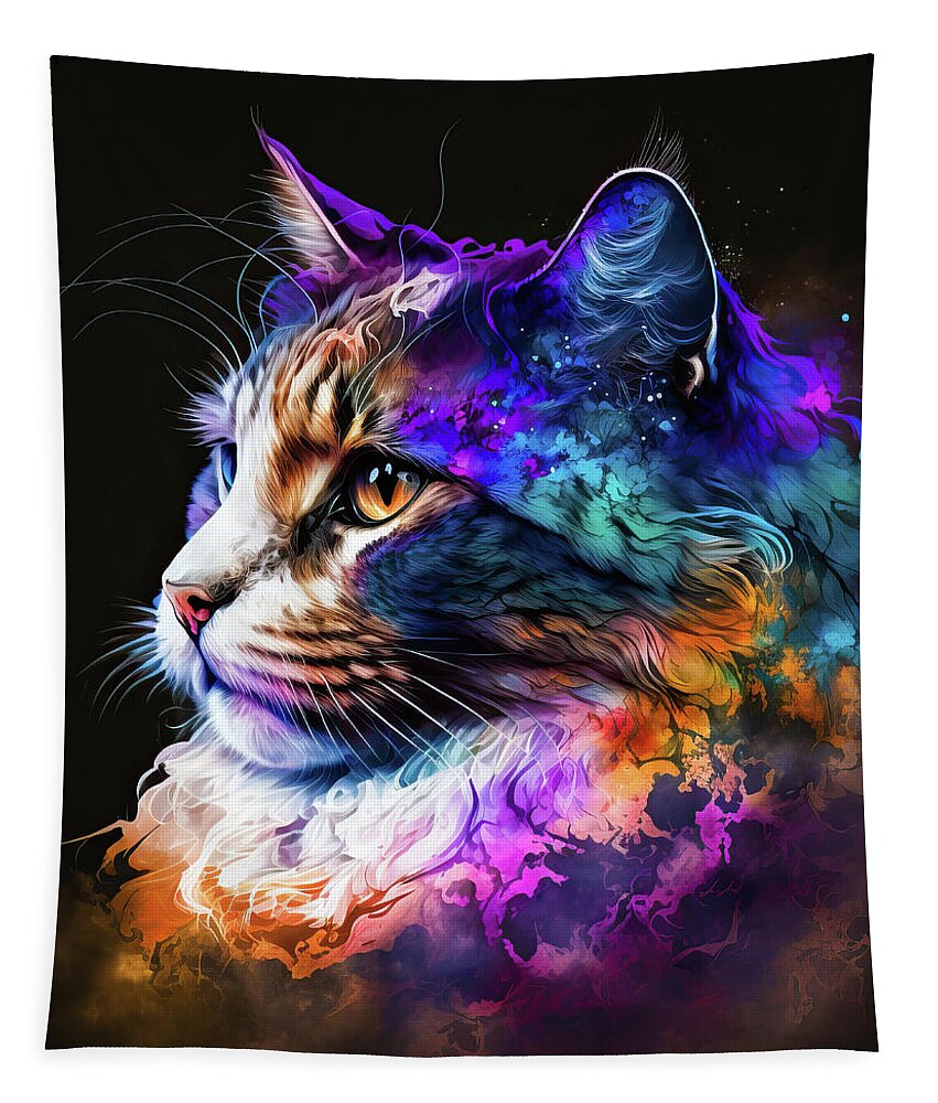 Cat Tapestry featuring the digital art Colorful Cat Portrait 03 by Matthias Hauser
