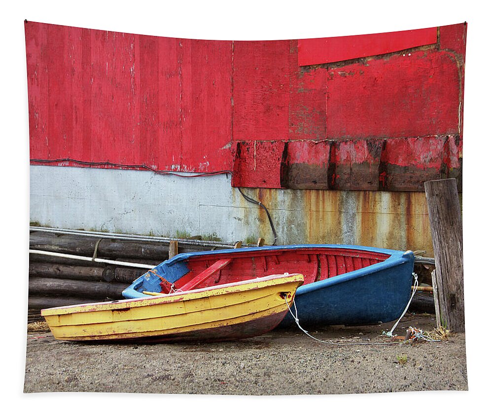 Boats Tapestry featuring the photograph Primary Colors-Colorful Dinghies at Low Tide by Betty Denise