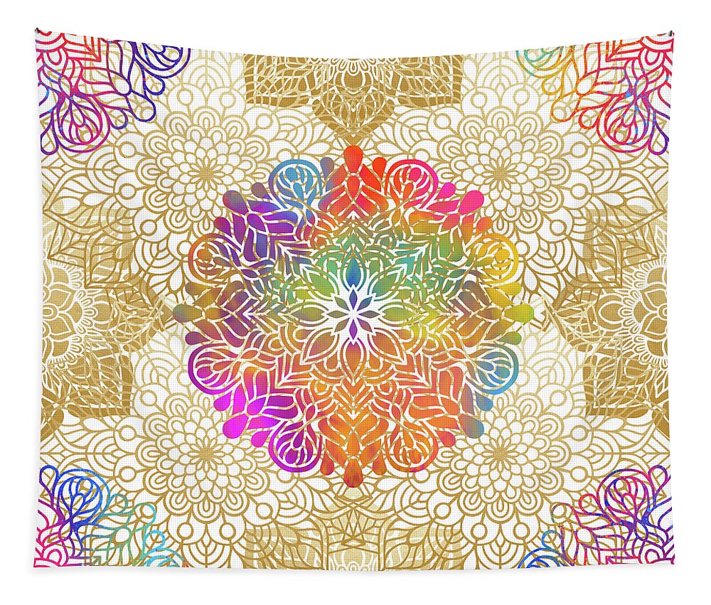 Mandala Tapestry featuring the digital art Colorful Gold Mandala Pattern by Sambel Pedes