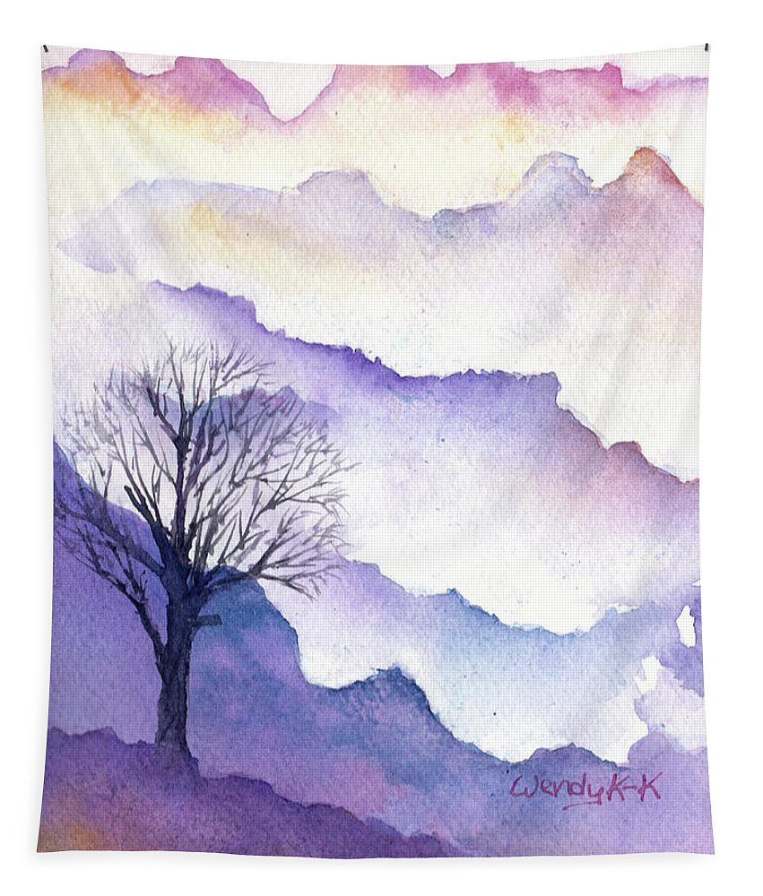 Tree Tapestry featuring the painting Colorful Hills with Tree by Wendy Keeney-Kennicutt