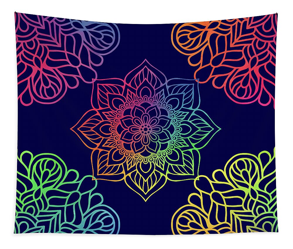 Mandala Tapestry featuring the digital art Colorful Mandala Pattern In Blue Background by Sambel Pedes